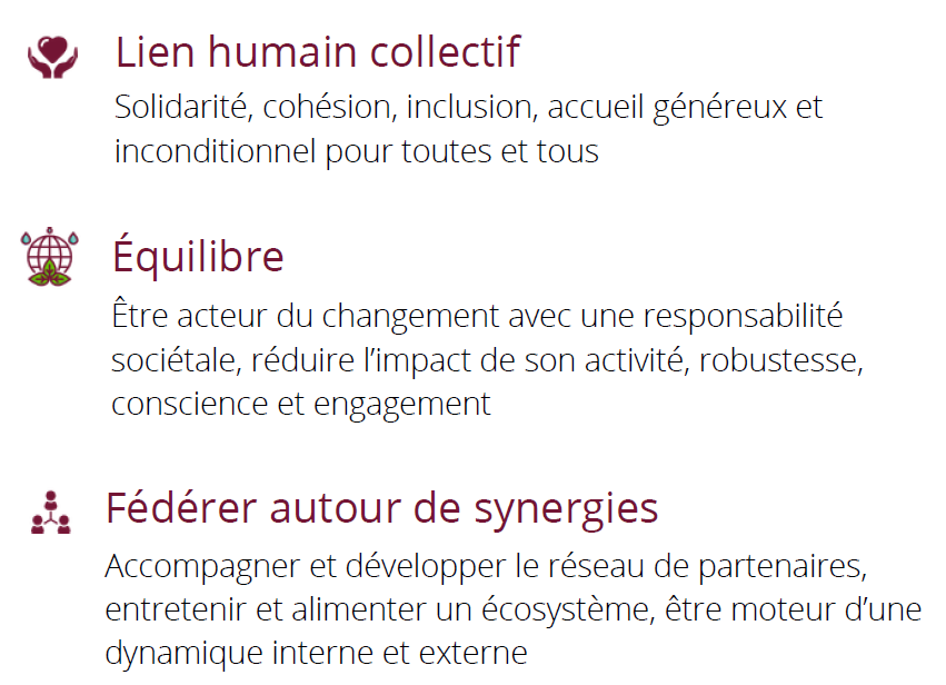 Lien humain collectif Solidarité, cohésion, inclusion, accueil généreux et inconditionnel pour toutes et tous Faire rayonner la destination Promotion, attractivité, apporteur d’affaires et valorisation Adaptation & innovation Novateur, agile, prêt à repenser le tourisme et l’événementiel et à préparer le futur Bonheur & plaisir Permettre une expérience enrichissante, dépaysante, qui offre du répit et apporte de la satisfaction, rendre heureux, être facilitateur de découvertes et de rencontres Équilibre Être acteur du changement avec une responsabilité sociétale, réduire l’impact de son activité, robustesse, conscience et engagement Fédérer autour de synergies Accompagner et développer le réseau de partenaires, entretenir et alimenter un écosystème, être moteur d’une dynamique interne et externe