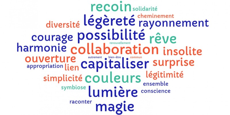 Capitaliser, collaboration, couleurs, lumière, légèreté, magie, possibilité, recoin, rêve, courage, harmonie, insolite, lien, ouverture, rayonnement, surprise, diversité, ensemble, légitimité, simplicité, symbiose, appropriation, cheminement, conscience, raconter, solidarité, autrement, bien-être, commun, renouvellement.